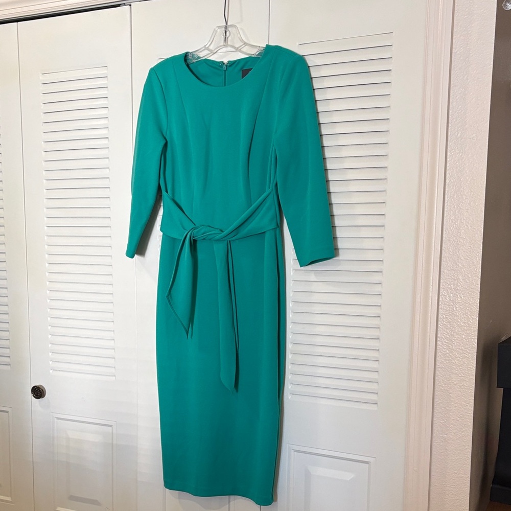 Adrianna Papell three quarter sleeve drape collar sheath in green.